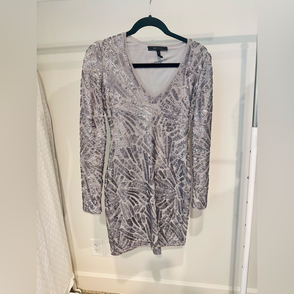 Fully beaded silver/gray long sleeve cocktail dress